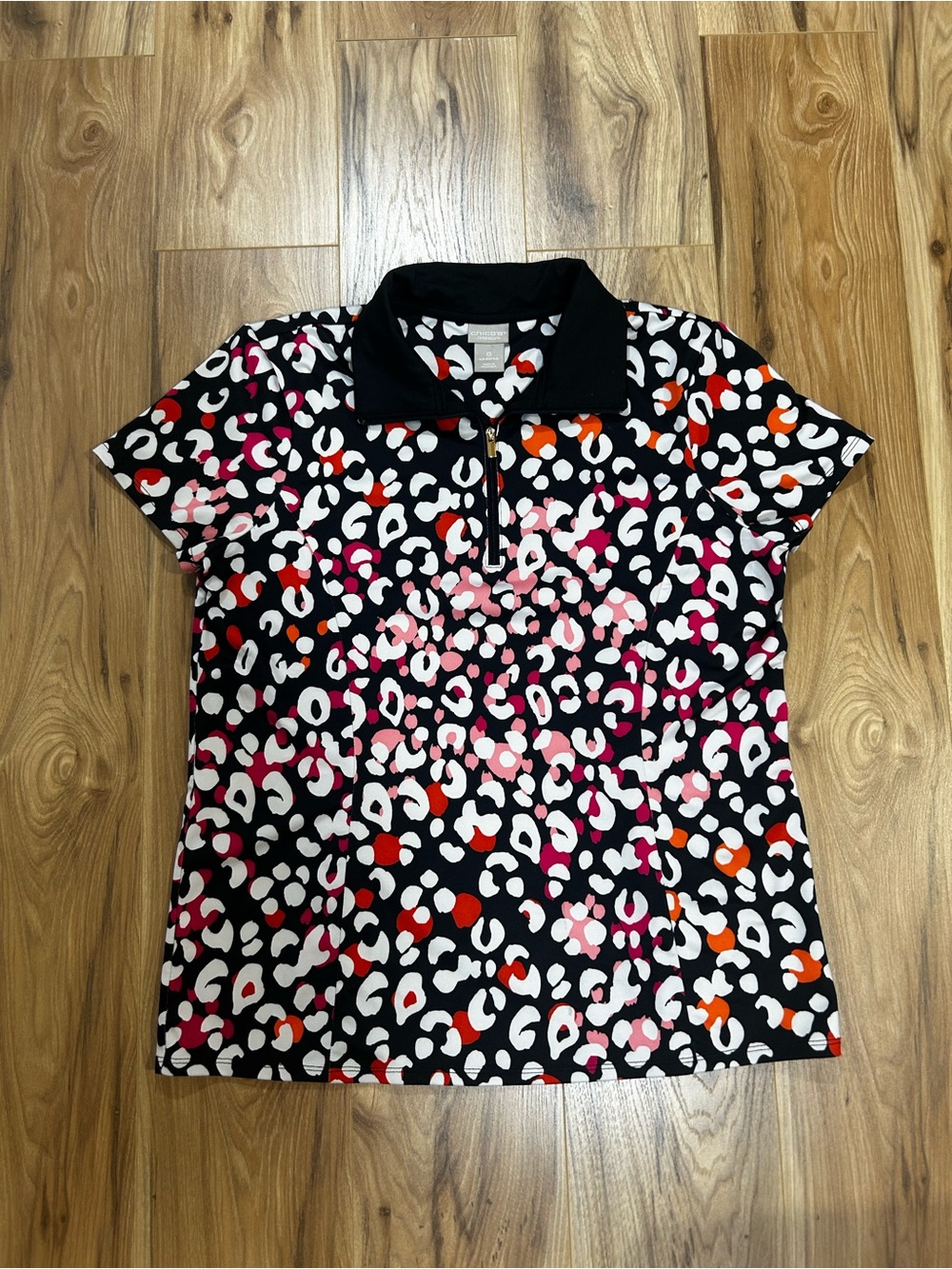 Chico's Women's Size 0(4-6) Animal Print Quarter Zip Golf Polo Pink Orange Black
